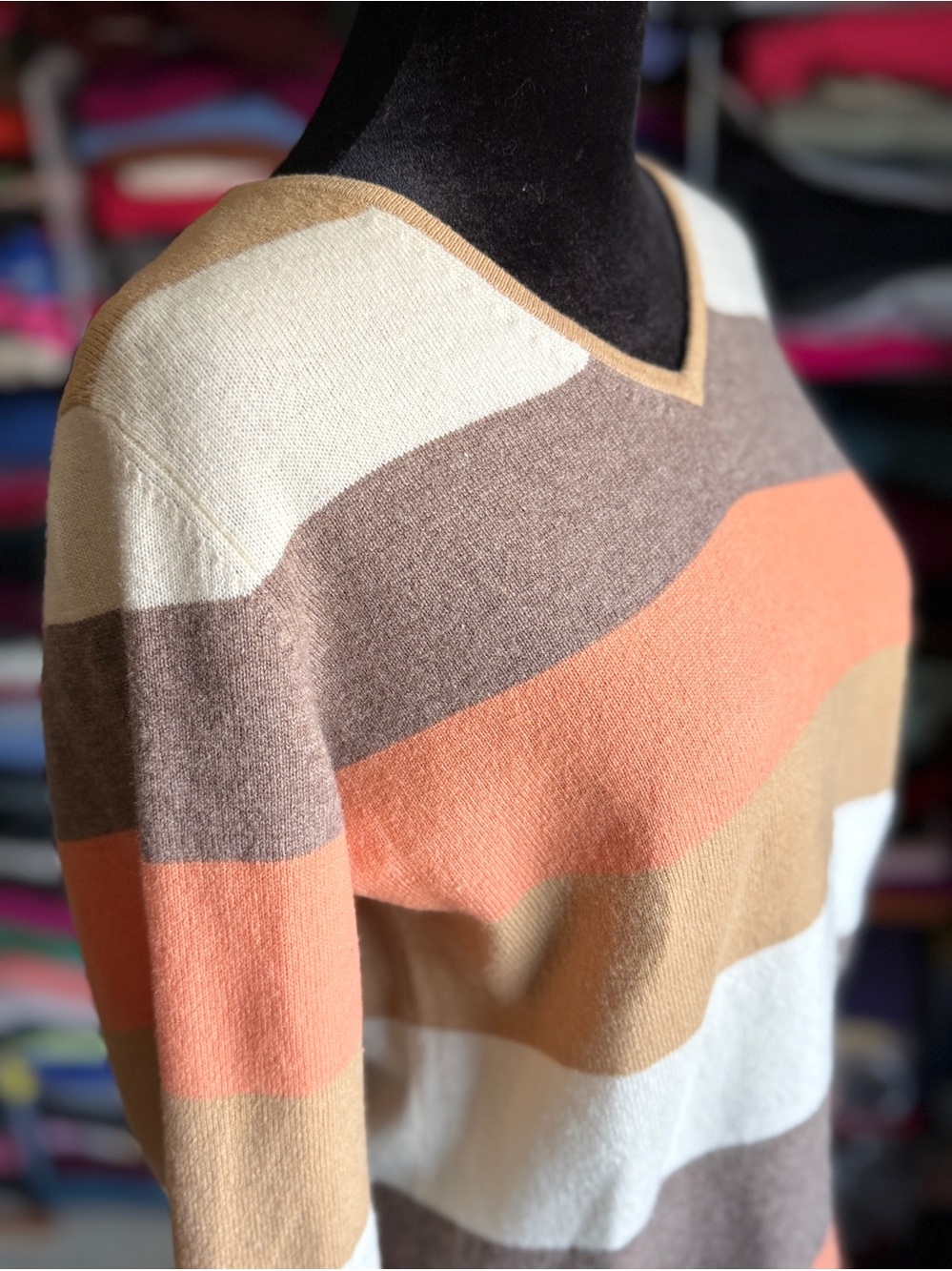 Charter Club V-Neck Striped Cashmere Sweater in Cream, Brown & Orange
